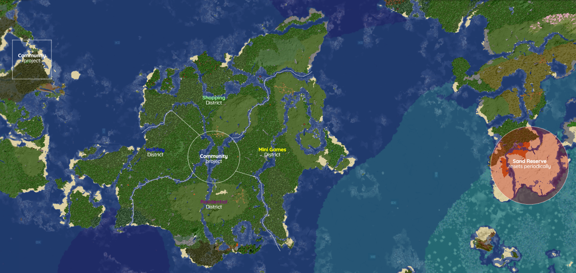 Spawn Island Districts Map - Top-down view showing Shopping, Residential, Minigames, Spawn, Holiday, and Chance districts